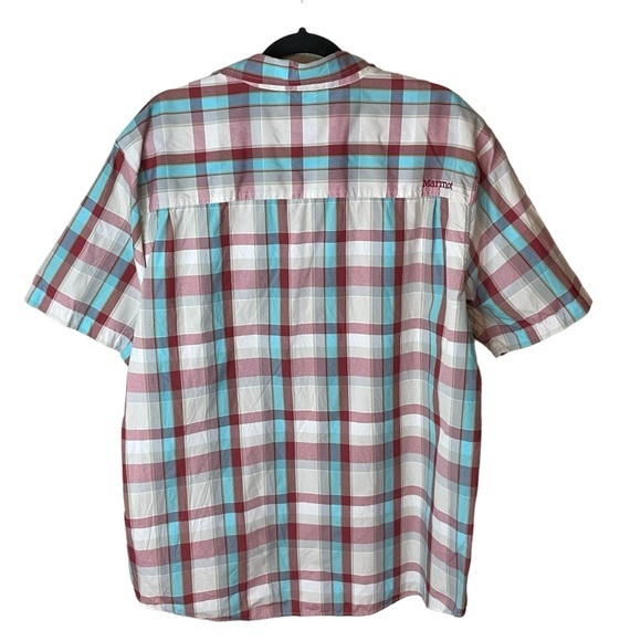 Marmot Short Sleeve Button Up Plaid Red Turquoise Teal White Men’s XL - Picture 2 of 7